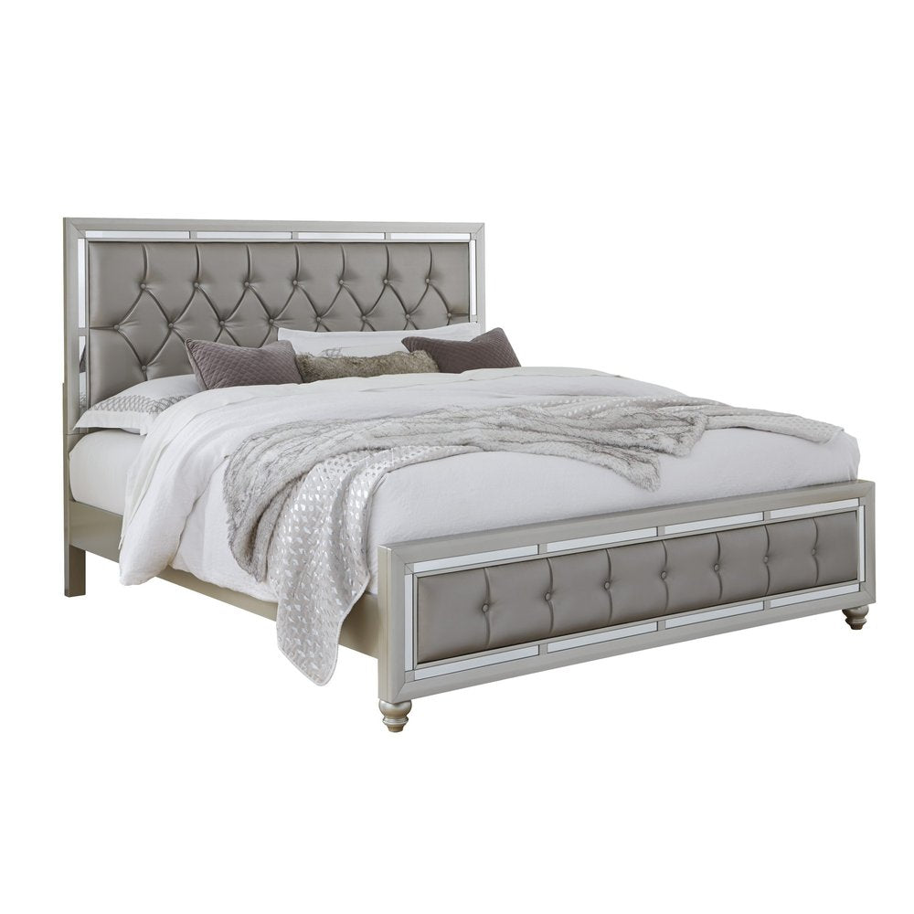 Silver Champagne Tone King Bed Padded Headboard Padded Footboard Mirror Trim Accents