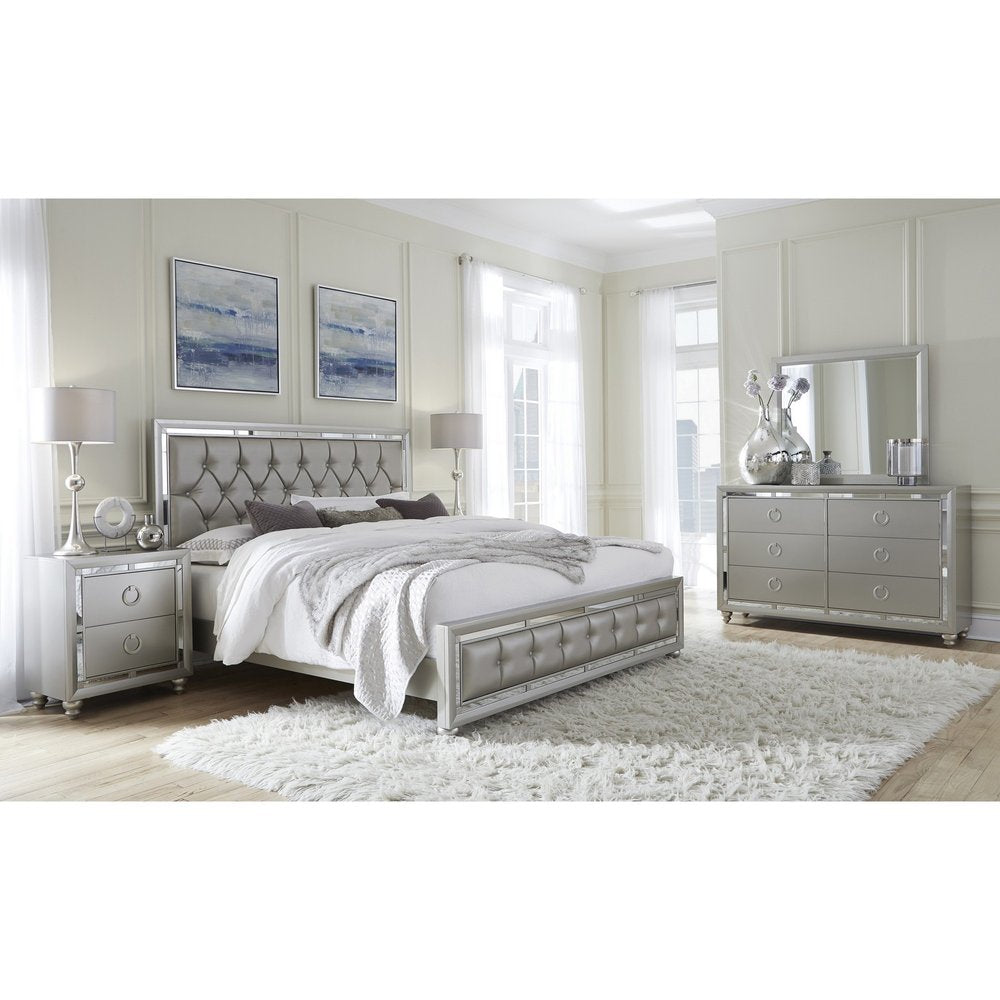 Silver Champagne Tone King Bed Padded Headboard Padded Footboard Mirror Trim Accents