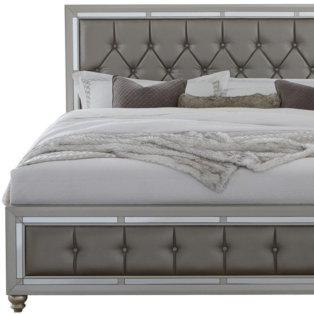 Silver Champagne Tone King Bed Padded Headboard Padded Footboard Mirror Trim Accents