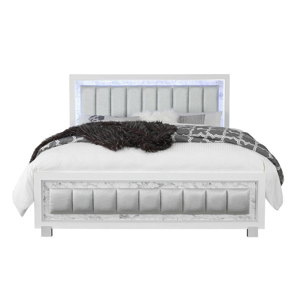 Modern Luxurious White Queen Bed With Padded Headboard Led Lightning