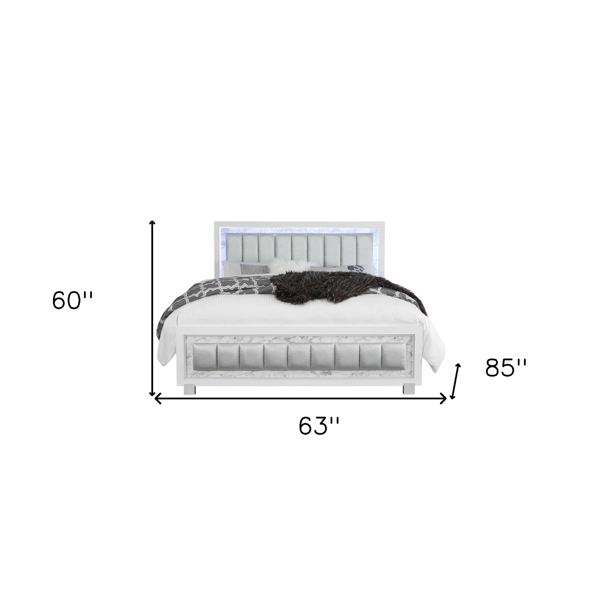Modern Luxurious White Queen Bed With Padded Headboard Led Lightning