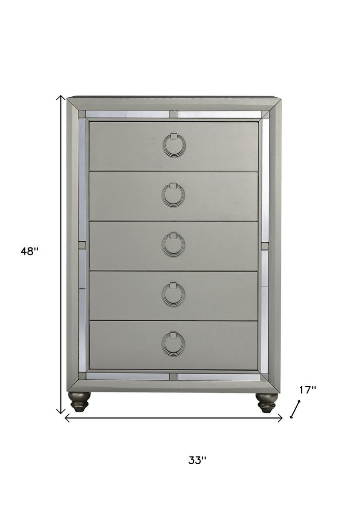 33" Silver Solid Wood Mirrored Five Drawer