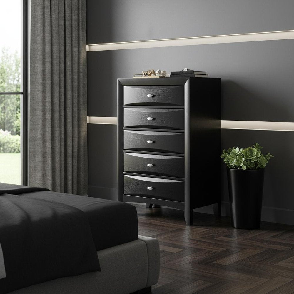 59" Black Solid Wood Mirrored Five Drawer Dresser