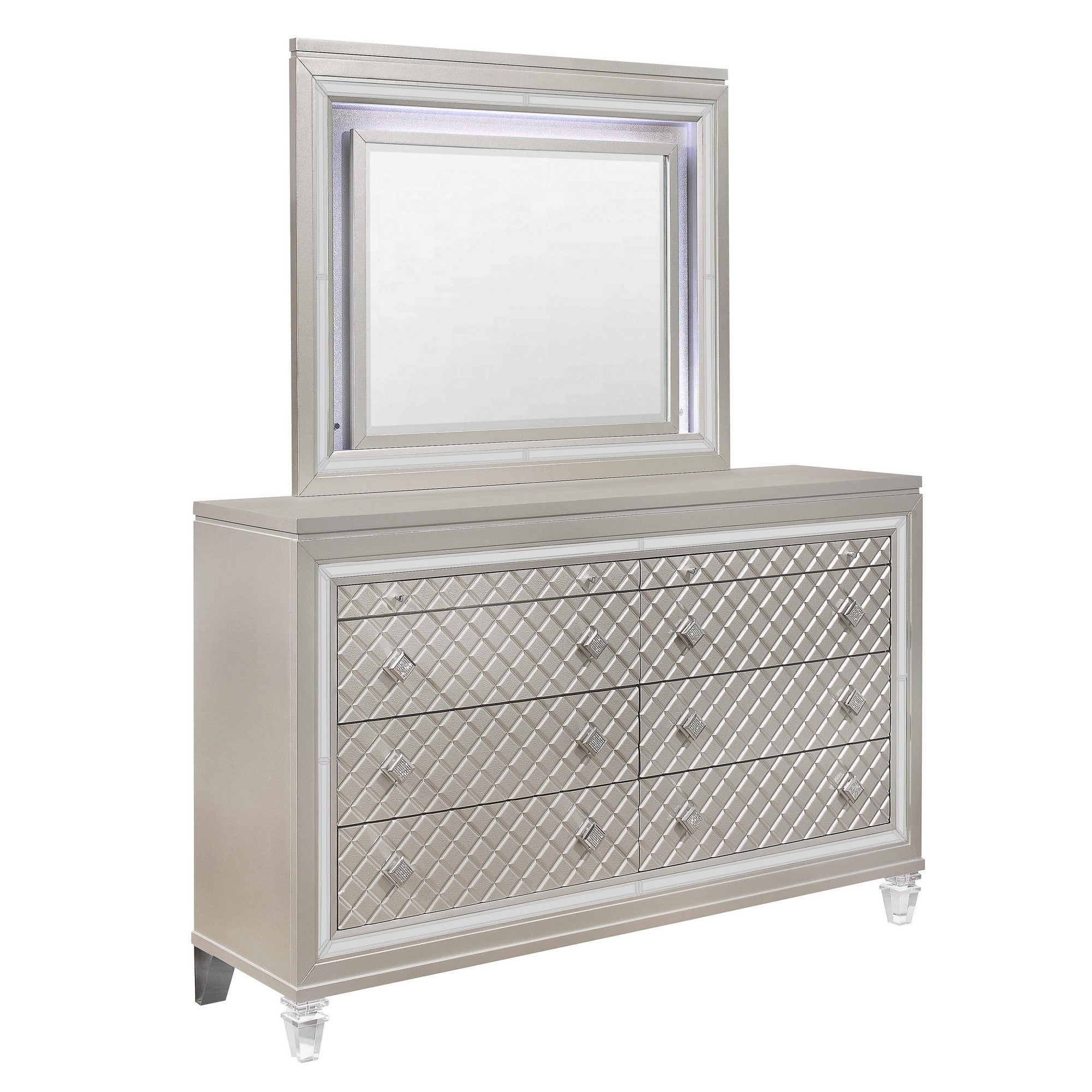 Champagne Toned Dresser With Tapered Acrylic Legs And 2 Jewelry Drawers