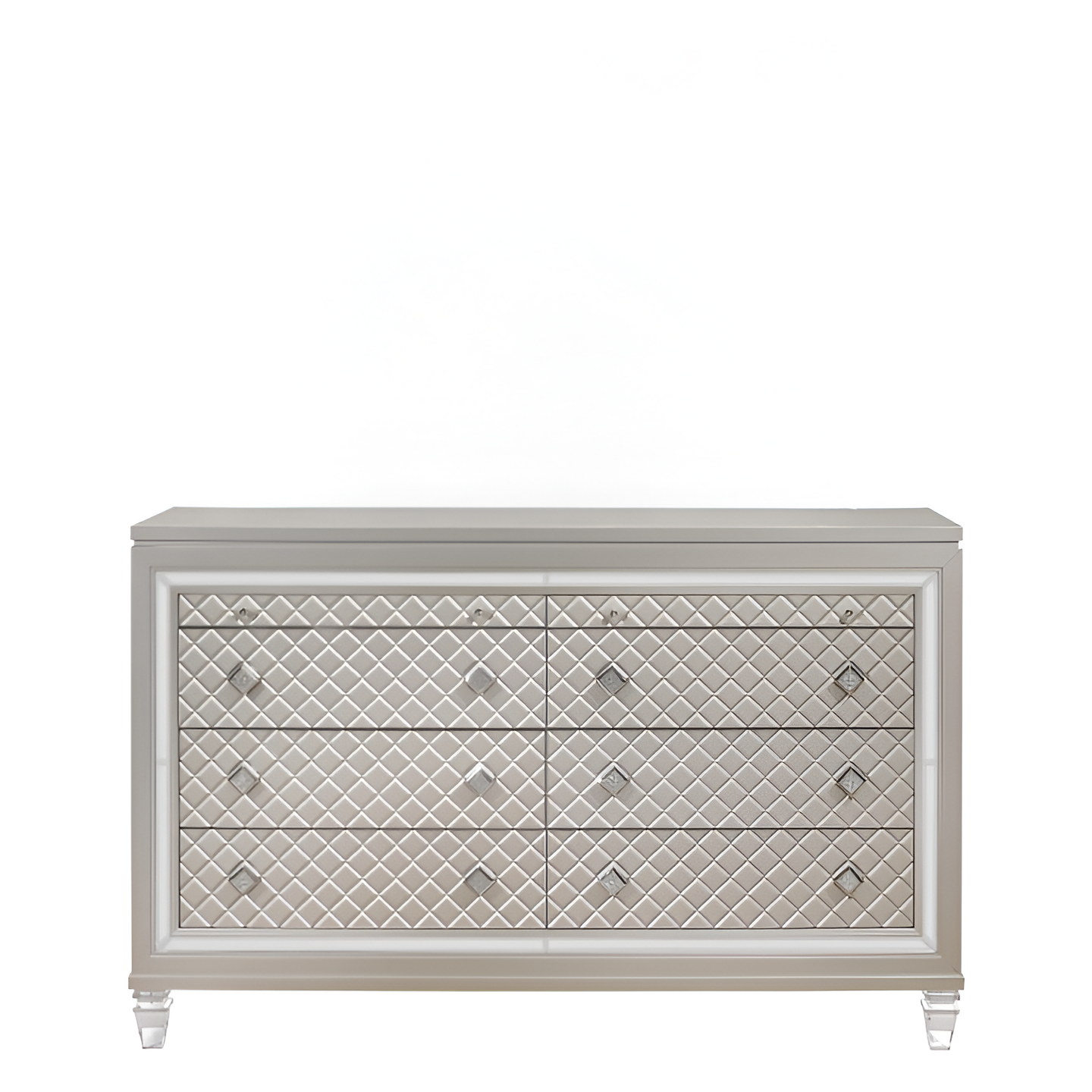 65" Champagne Carved Geometric Solid Wood Mirrored Six Drawer Dresser