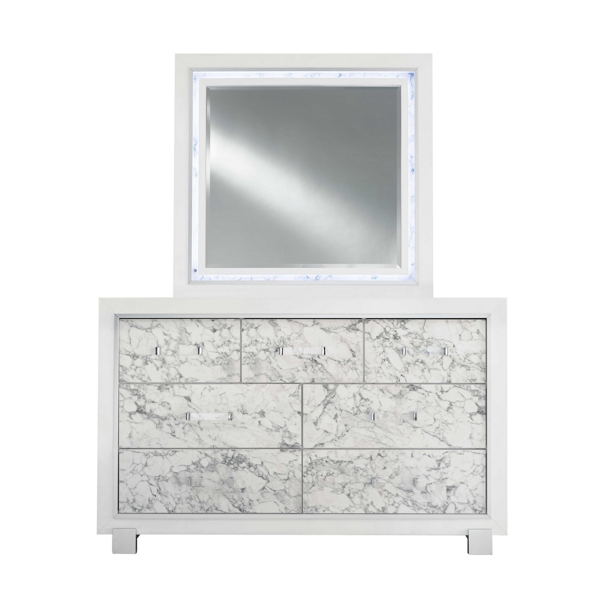 Modern White Dresser With 7 Faux Marble Detailed Front Drawer.