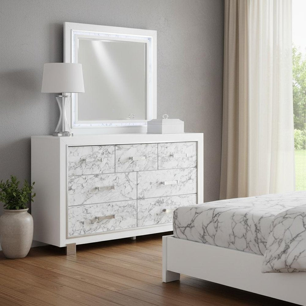 Modern White Dresser With 7 Faux Marble Detailed Front Drawer.