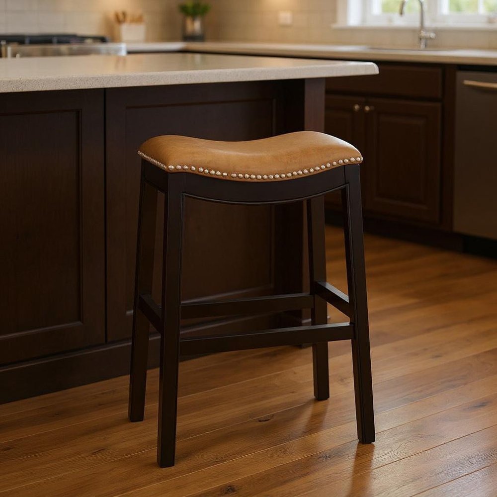 31" Tan and Espresso Faux Leather and Solid Wood Backless Counter Height Bar Chair