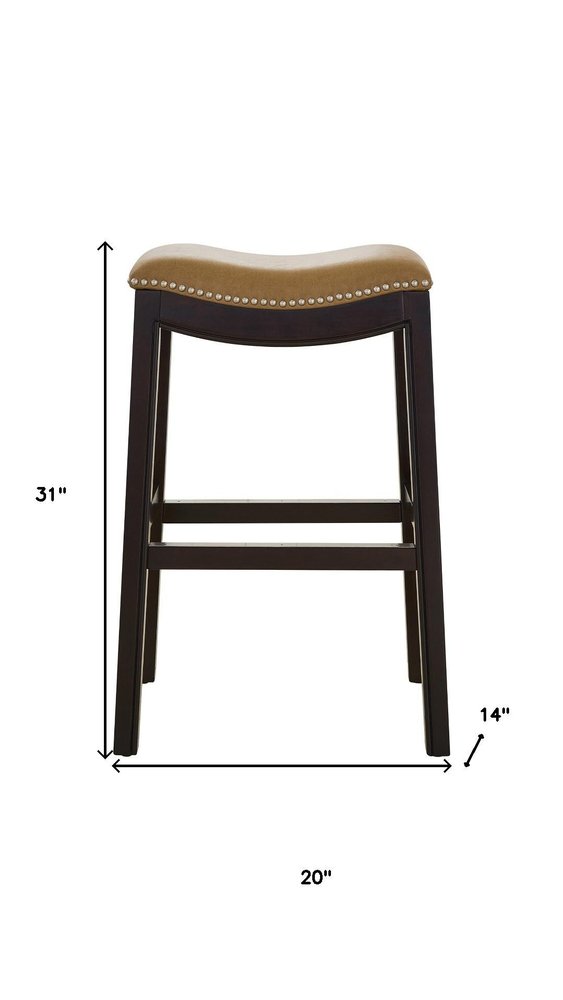 31" Tan and Espresso Faux Leather and Solid Wood Backless Counter Height Bar Chair