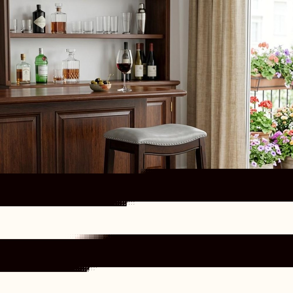 31" Gray and Espresso Faux Leather and Solid Wood Backless Bar Height Bar Chair