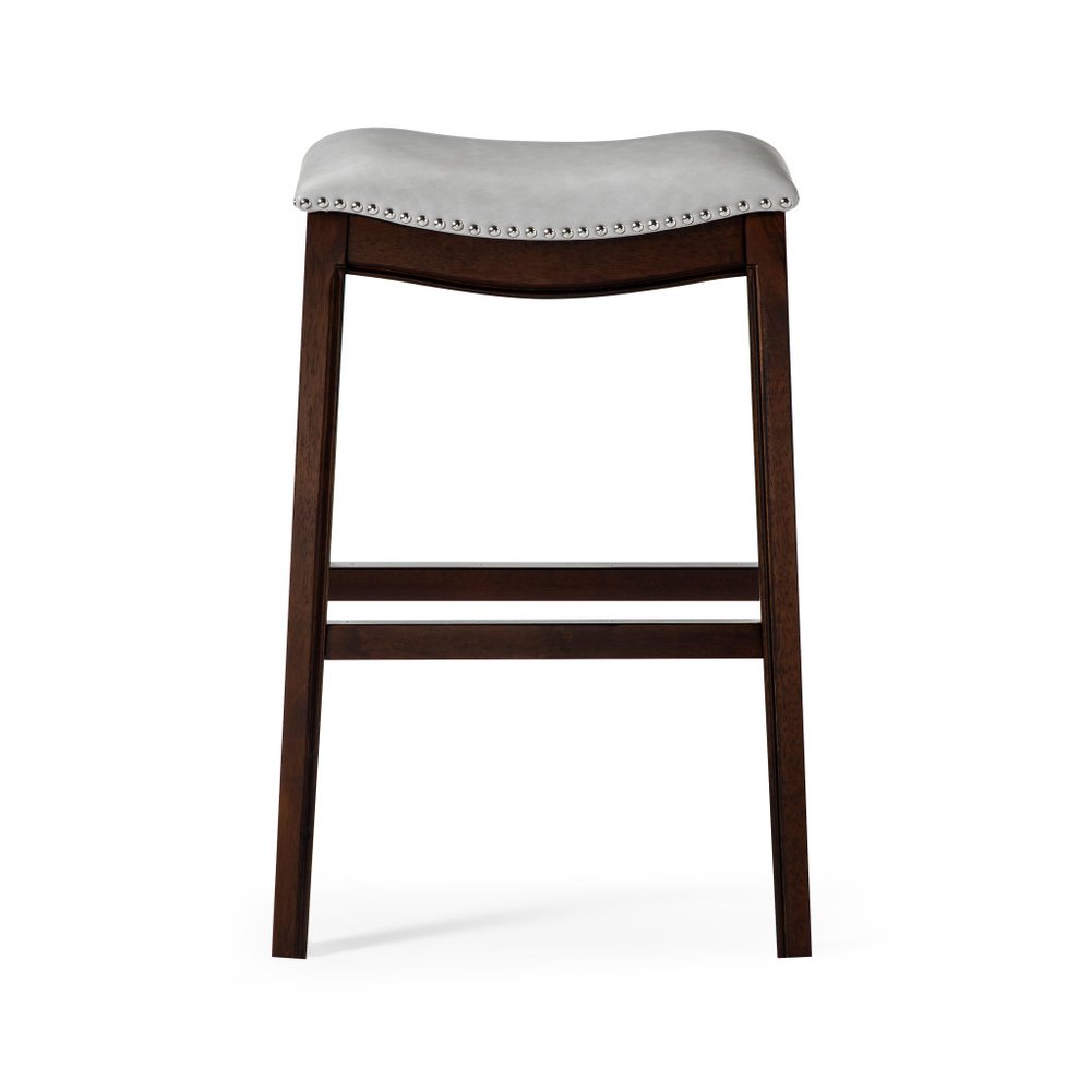 31" Gray and Espresso Faux Leather and Solid Wood Backless Bar Height Bar Chair