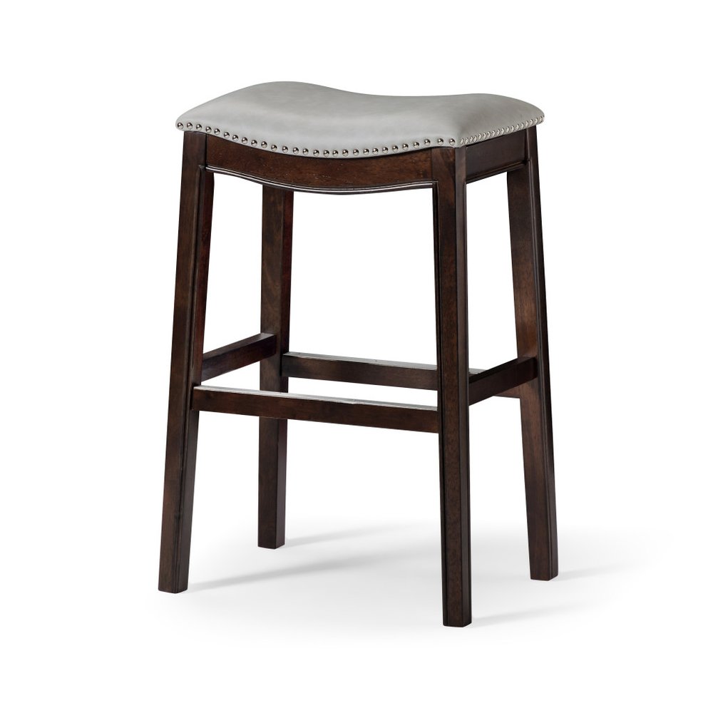 26" Gray and Espresso Faux Leather and Solid Wood Backless Counter Height Bar Chair