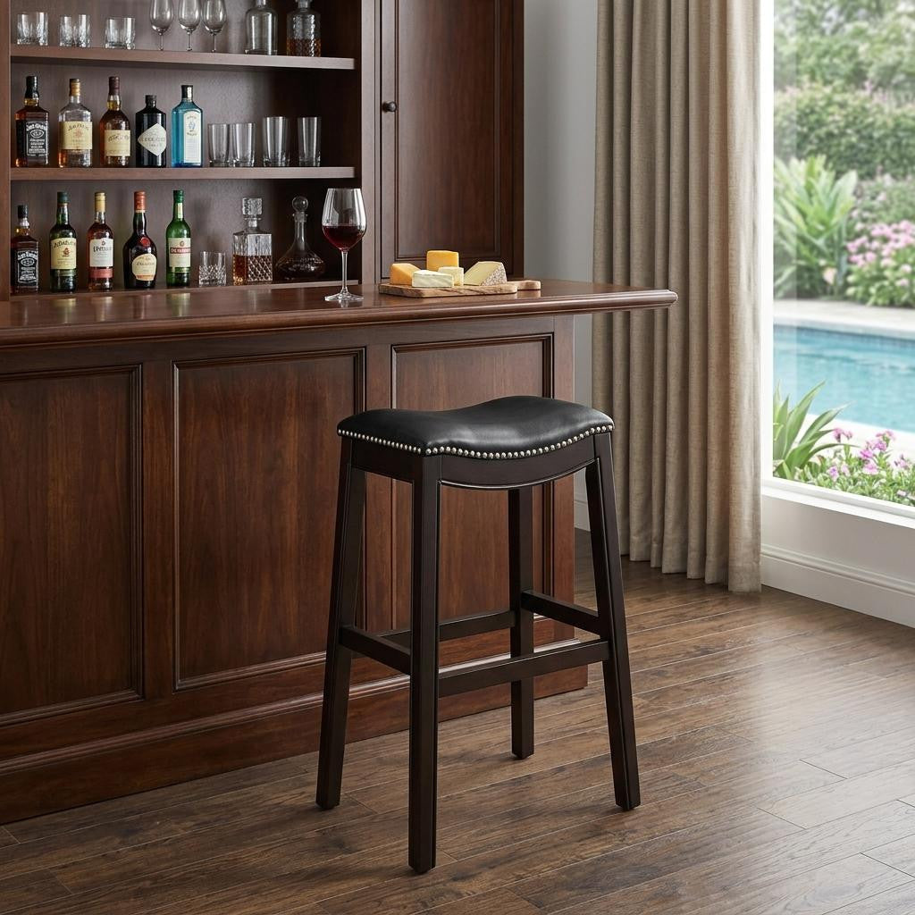 31" Black And Espresso Faux Leather And Solid Wood Backless Bar Height Bar Chair