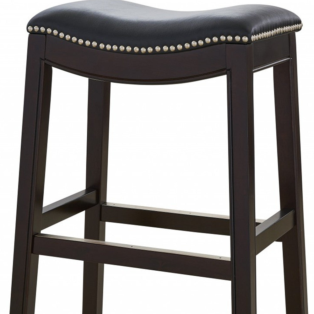 31" Black And Espresso Faux Leather And Solid Wood Backless Bar Height Bar Chair
