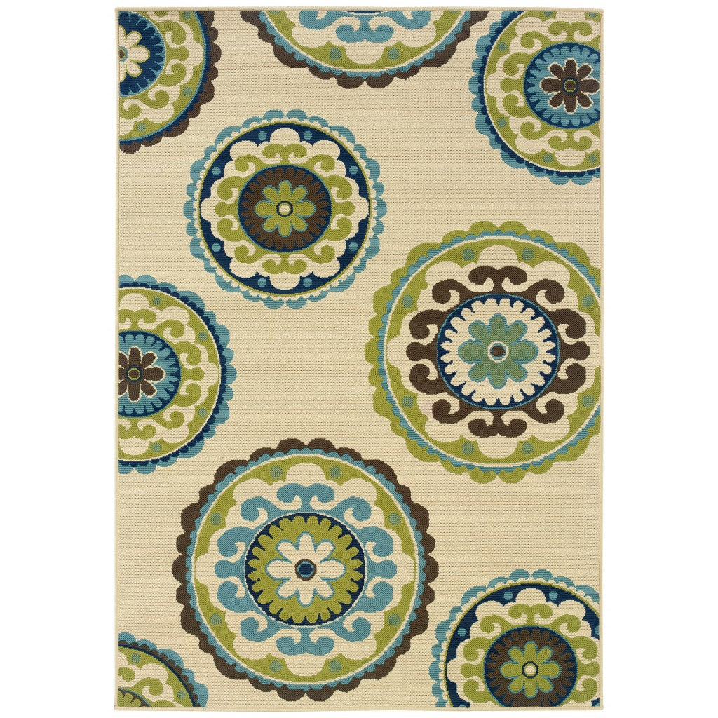 8' X 13' Ivory Indigo And Lime Green Floral Medallion Indoor Outdoor Area Rug