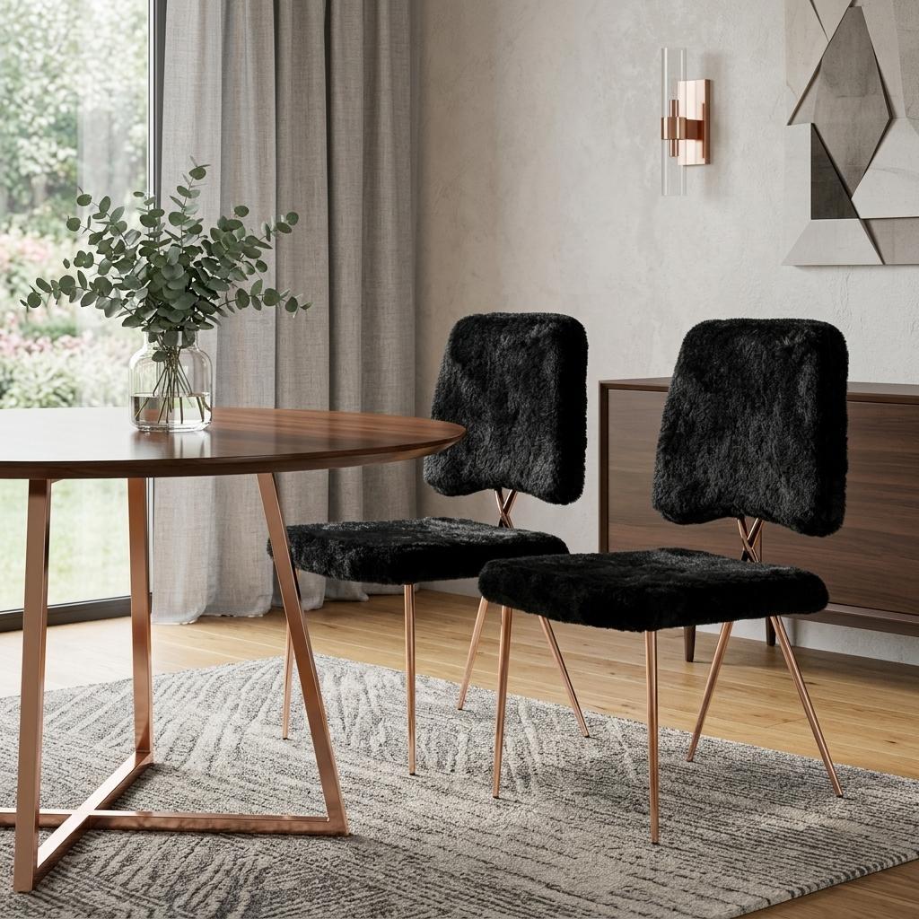 Set of Two Black and Gold Upholstered Fabric Dining Side Chairs