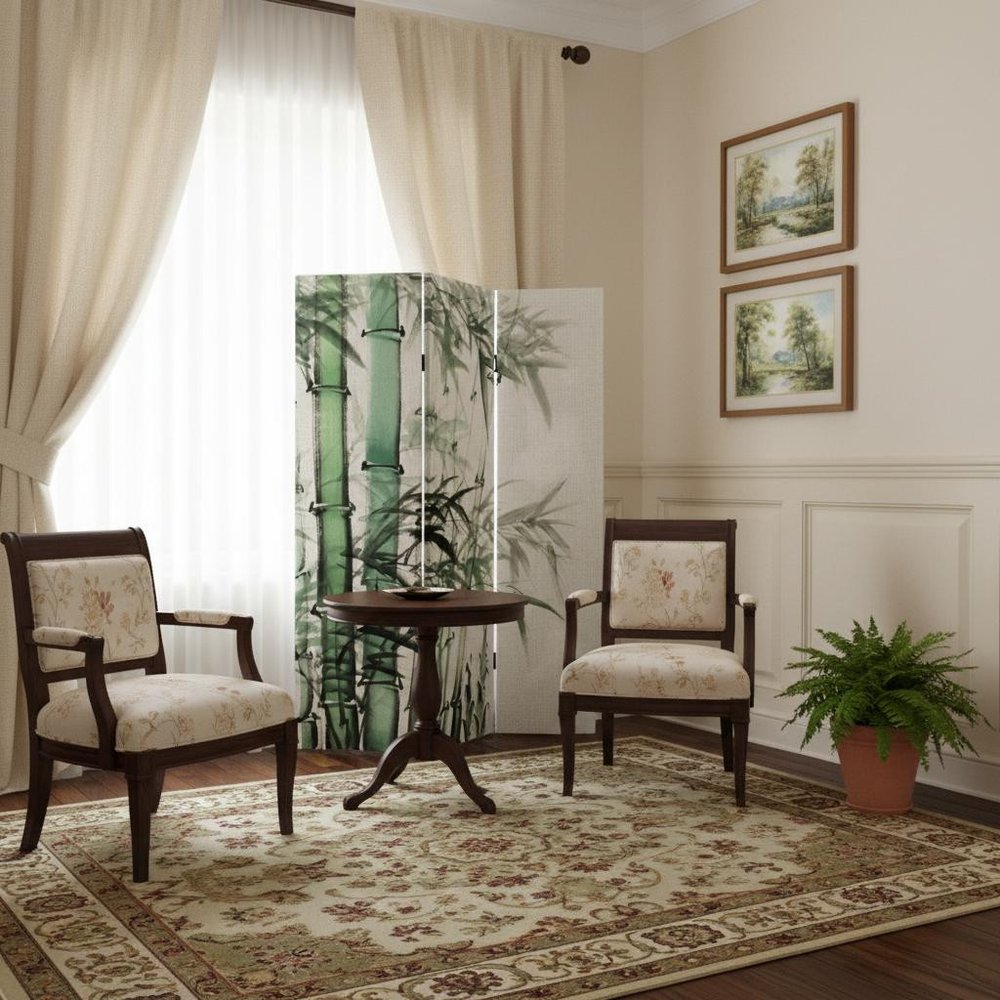 72" Green And White Canvas Folding Three Panel Screen Room Divider