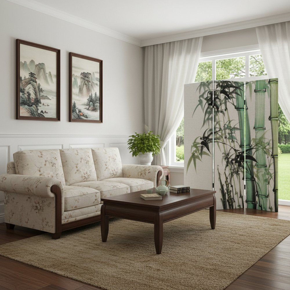 72" Green And White Canvas Folding Three Panel Screen Room Divider