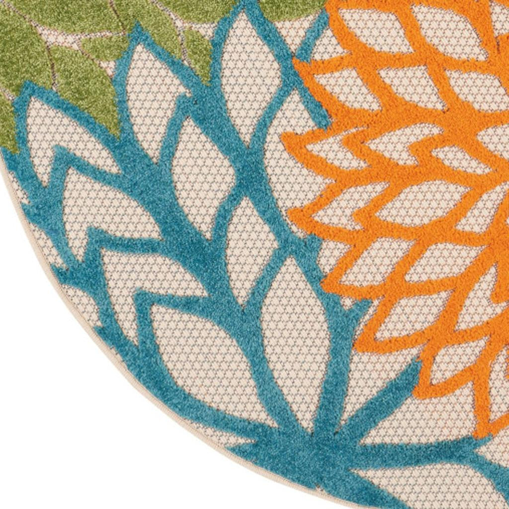 4' Ivory And Blue Round Indoor Outdoor Area Rug