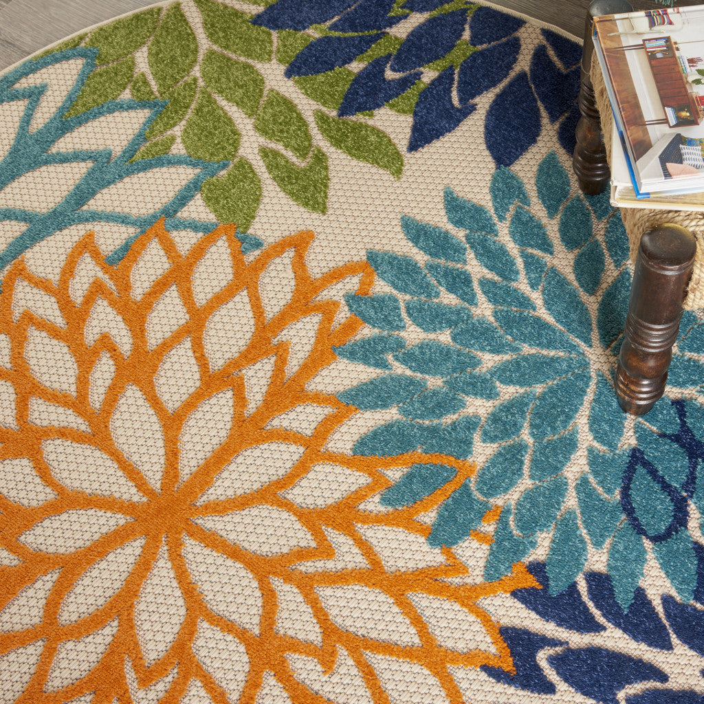4' Ivory And Blue Round Indoor Outdoor Area Rug