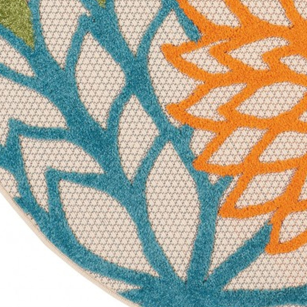 4' Ivory And Blue Round Indoor Outdoor Area Rug