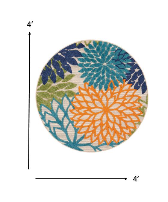 4' Ivory And Blue Round Indoor Outdoor Area Rug
