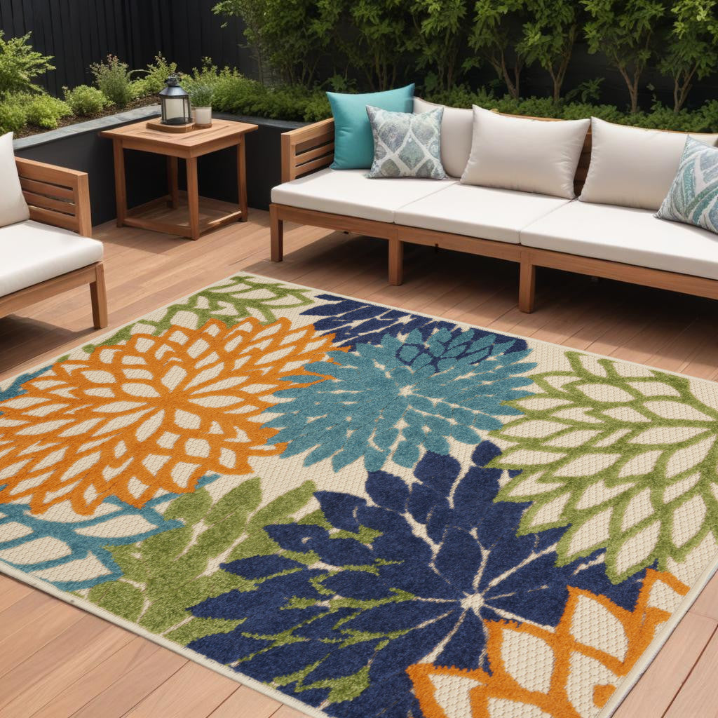 8' X 11' Ivory And Blue Indoor Outdoor Area Rug