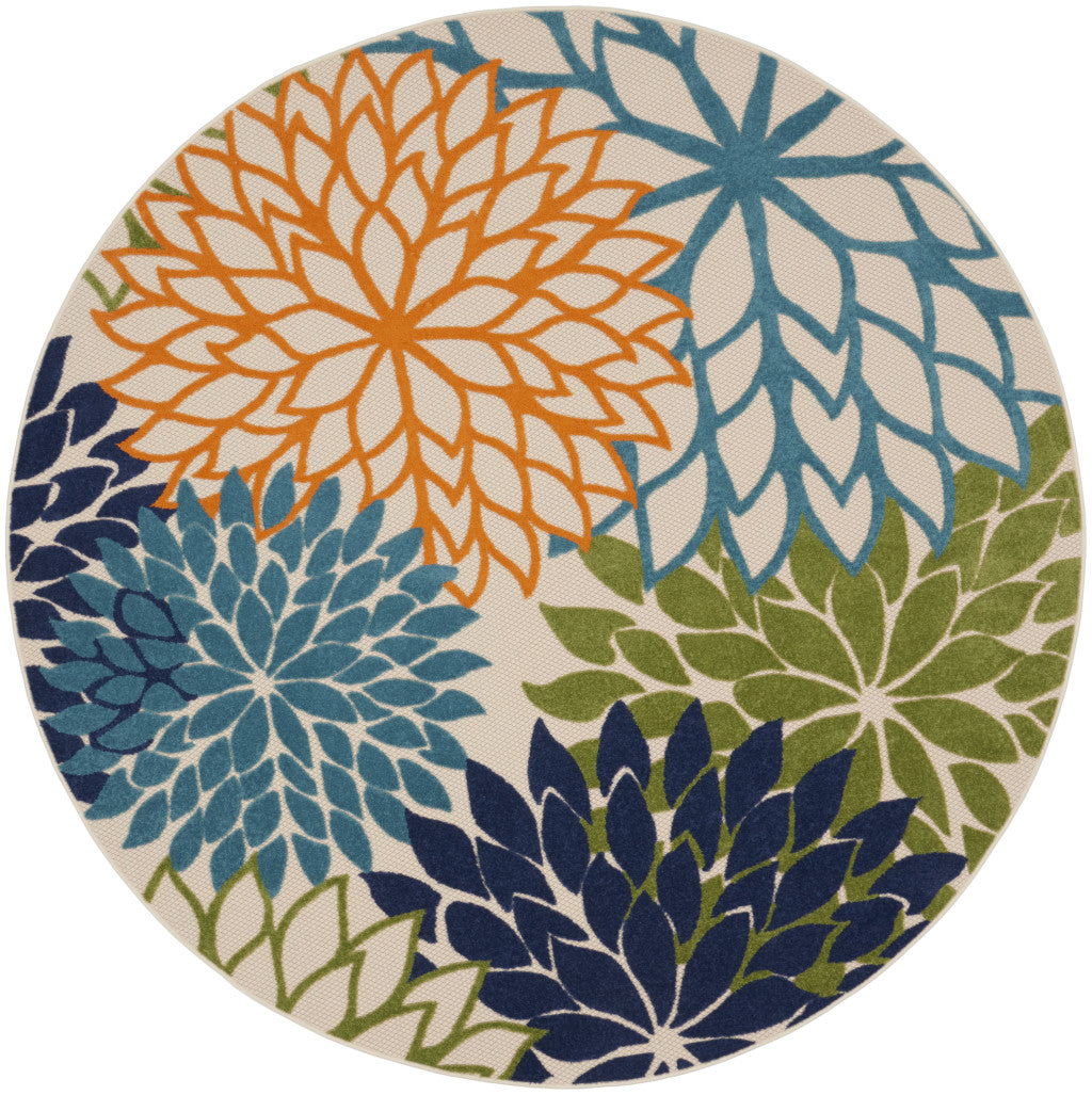 8' Ivory And Blue Round Indoor Outdoor Area Rug