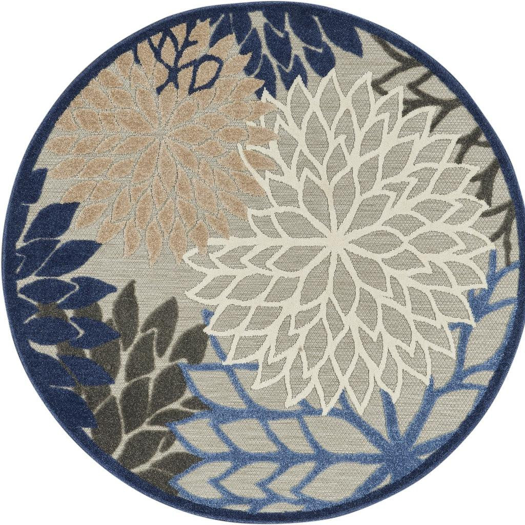 4' Blue And Gray Round Indoor Outdoor Area Rug