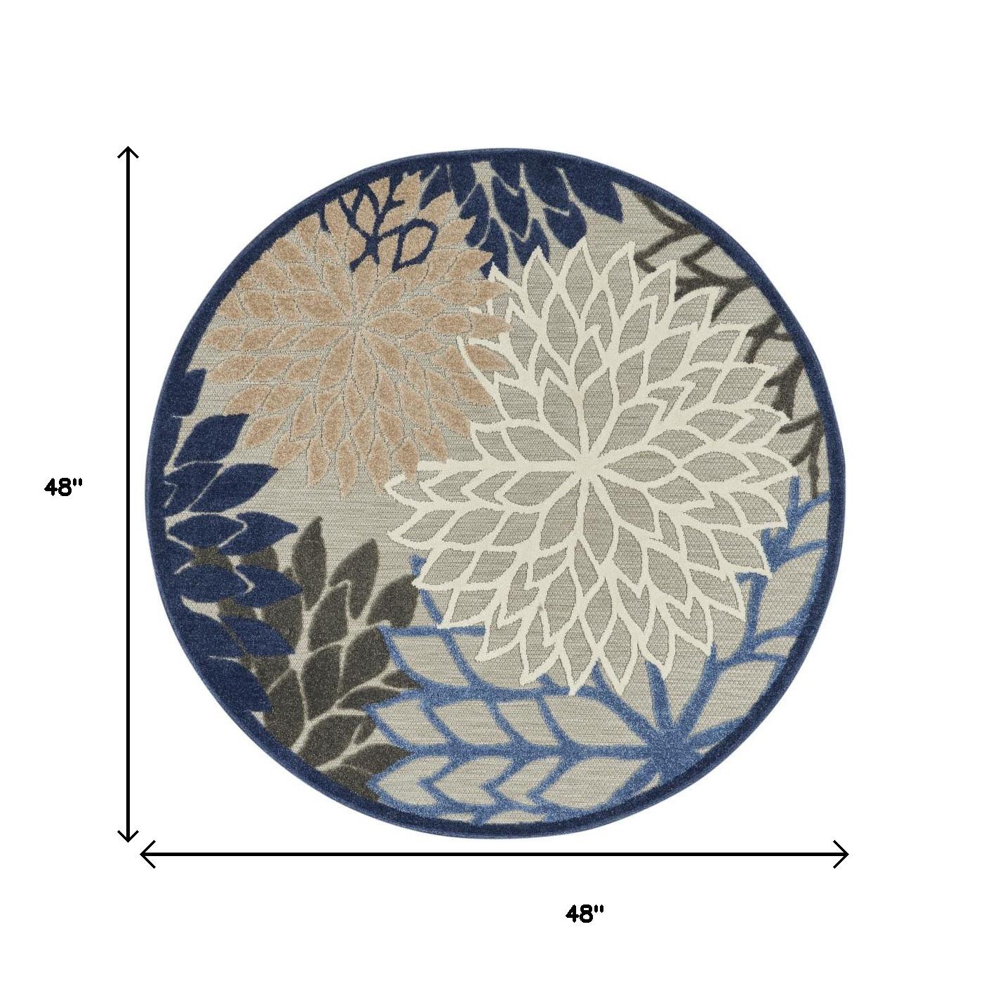 4' Blue And Gray Round Indoor Outdoor Area Rug