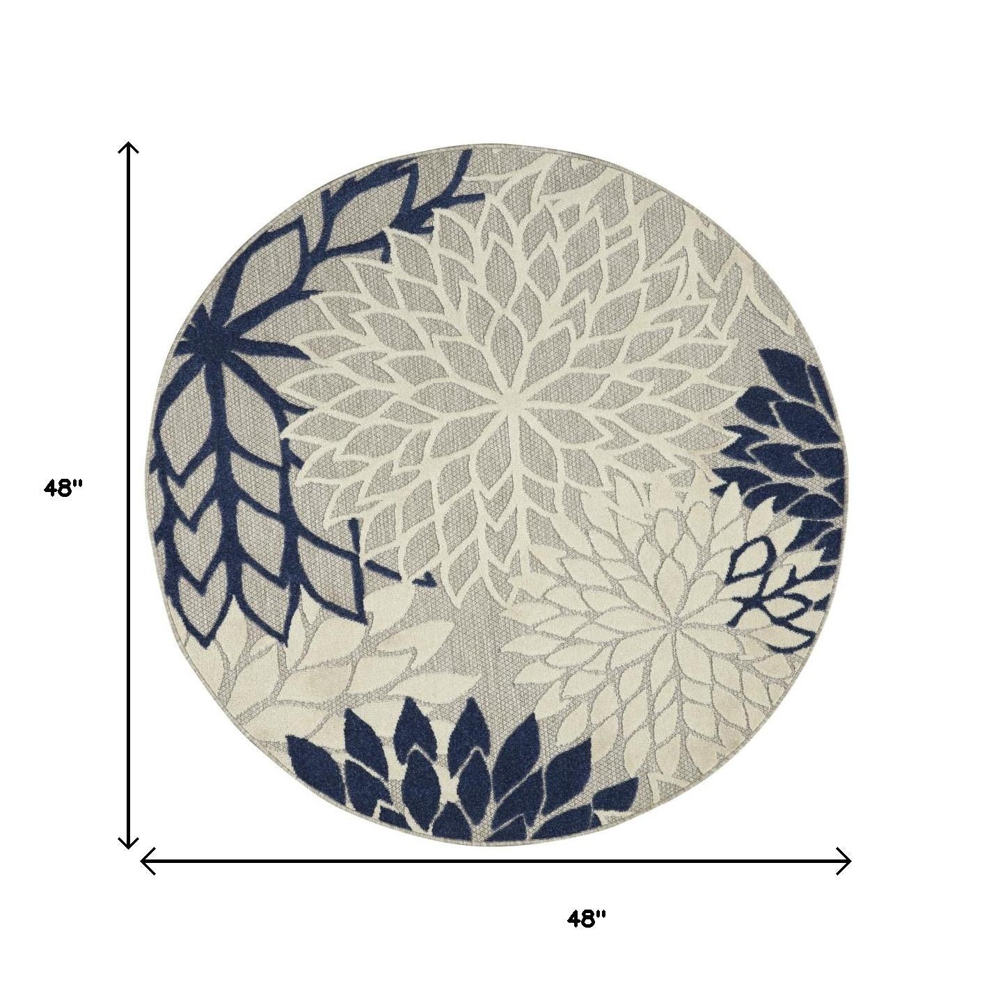 4' Ivory And Blue Round Indoor Outdoor Area Rug