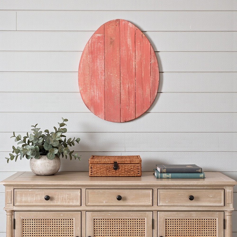 12" X 9" Red Reclaimed Wood Egg Shaped Wall Decor
