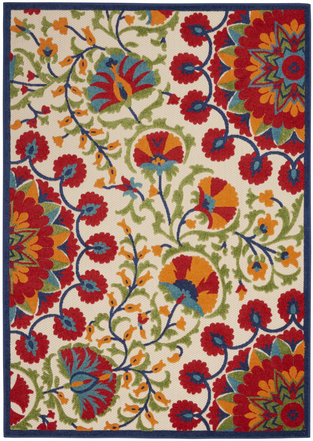 8' X 11' Red And Ivory Floral Indoor Outdoor Area Rug