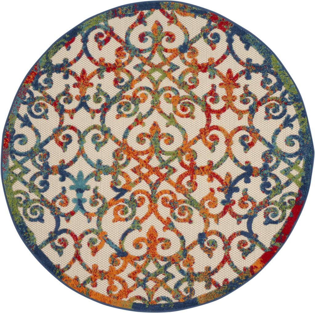 4' Ivory And Blue Round Indoor Outdoor Area Rug
