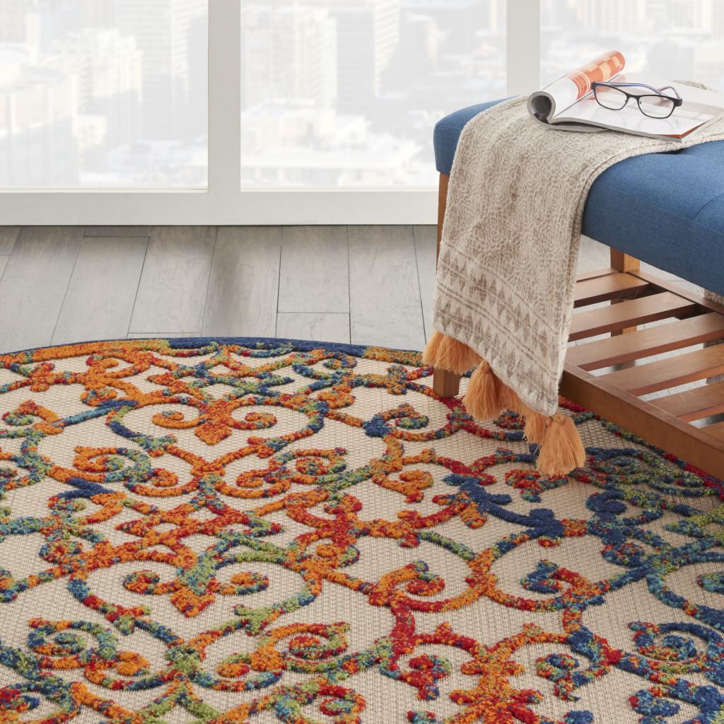 4' Ivory And Blue Round Indoor Outdoor Area Rug