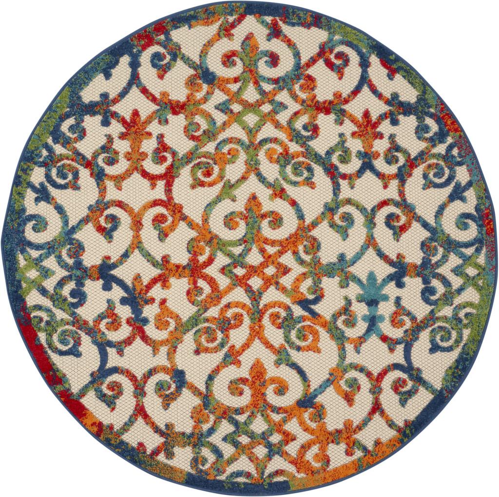 4' Ivory And Blue Round Indoor Outdoor Area Rug