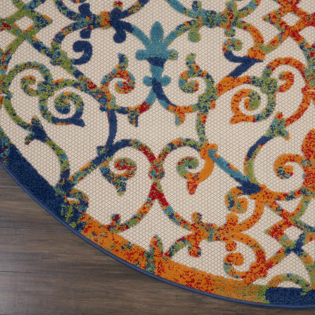 8' Ivory And Blue Round Indoor Outdoor Area Rug