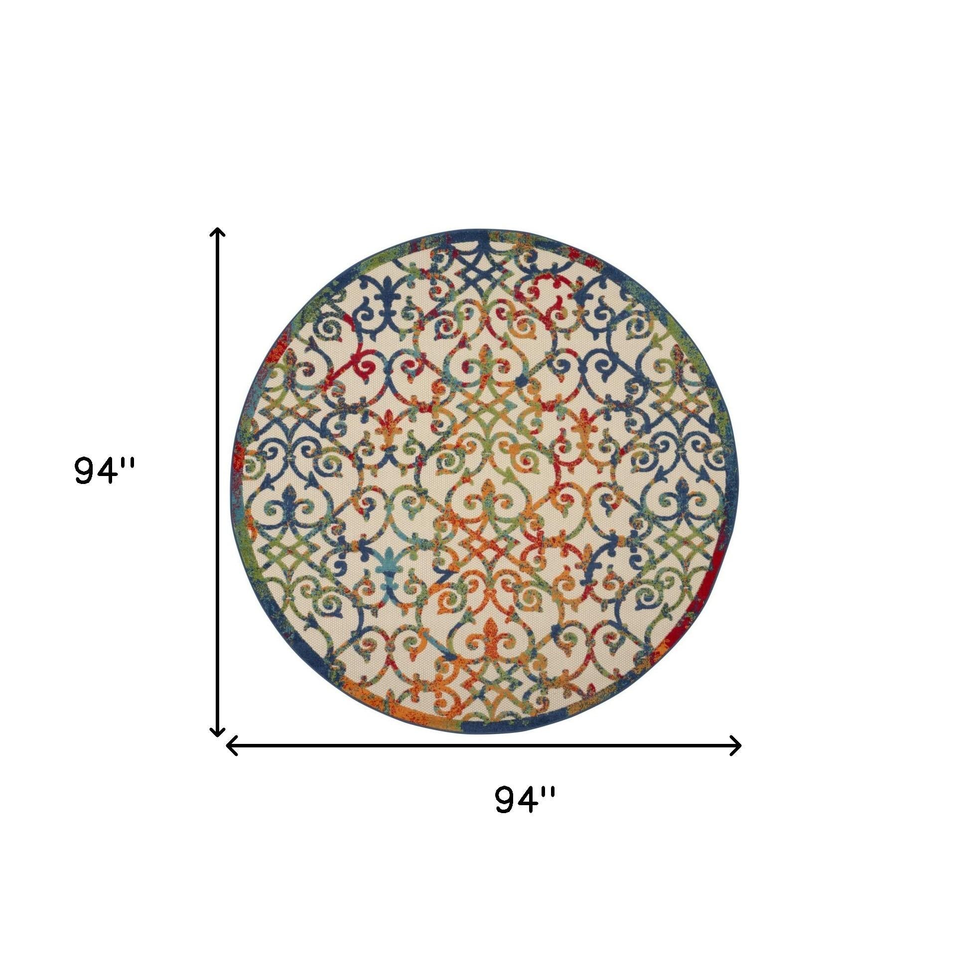 8' Ivory And Blue Round Indoor Outdoor Area Rug