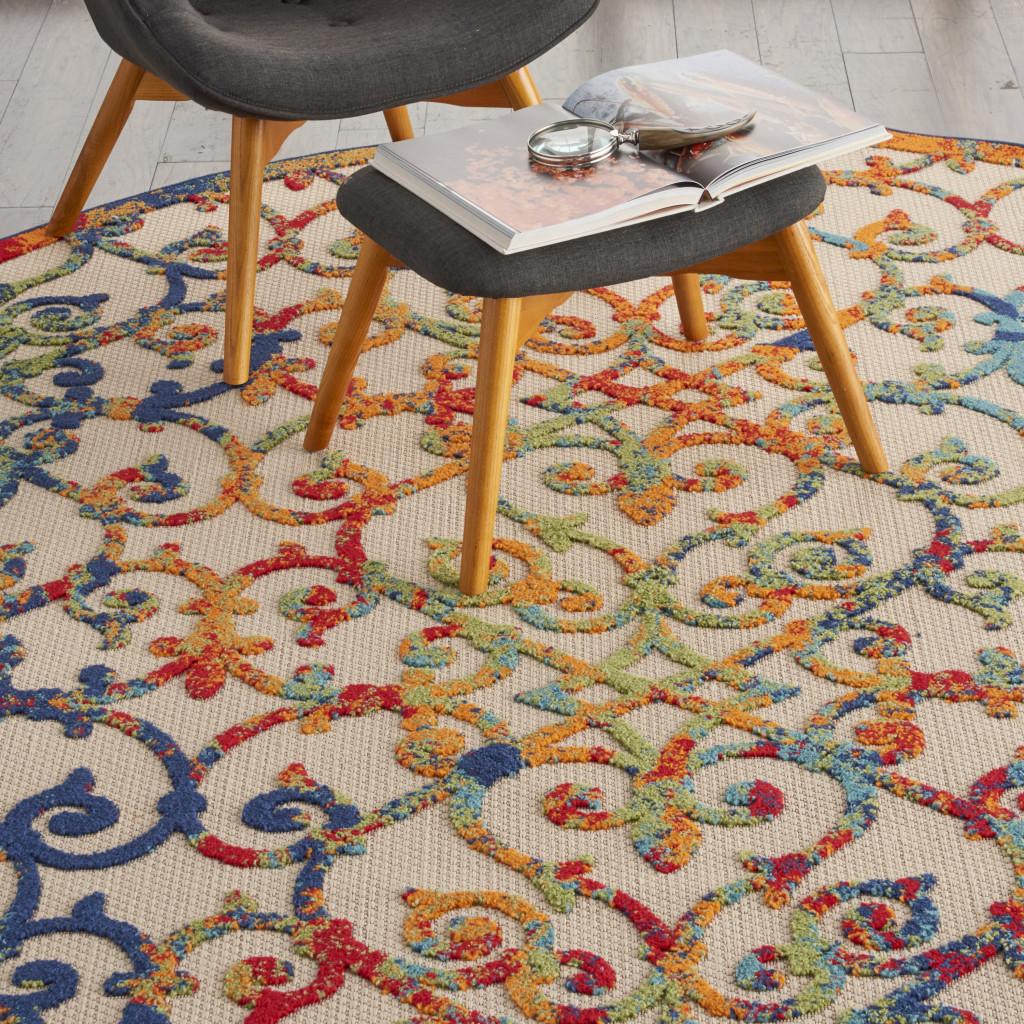 8' Ivory And Blue Round Indoor Outdoor Area Rug