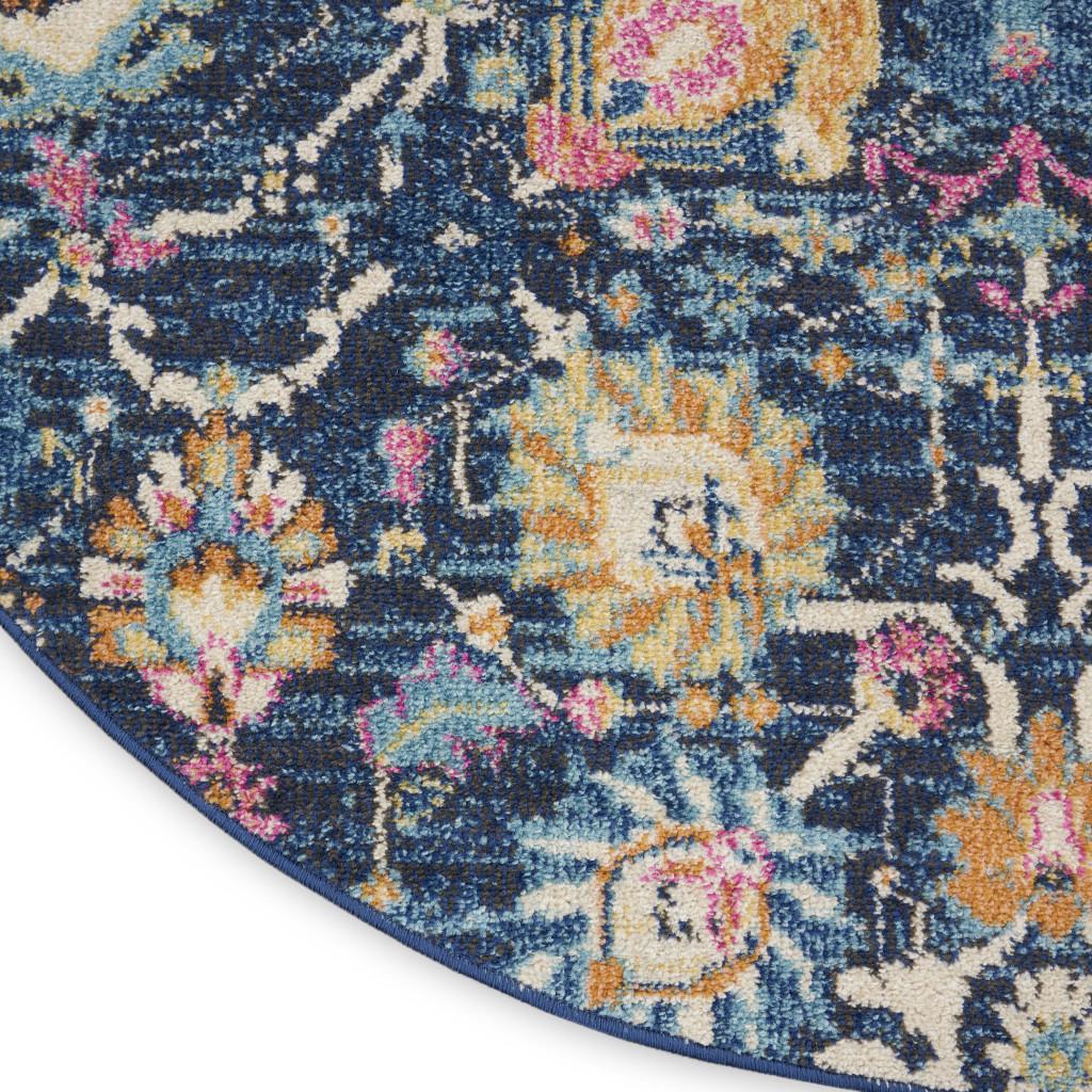 4' Navy Blue Yellow And Pink Floral Round Rug