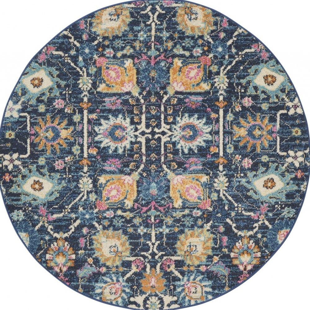4' Navy Blue Yellow And Pink Floral Round Rug