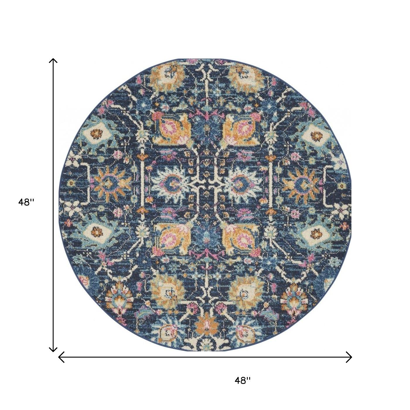 4' Navy Blue Yellow And Pink Floral Round Rug