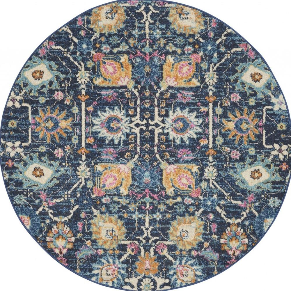 4' Navy Blue Yellow And Pink Floral Round Rug