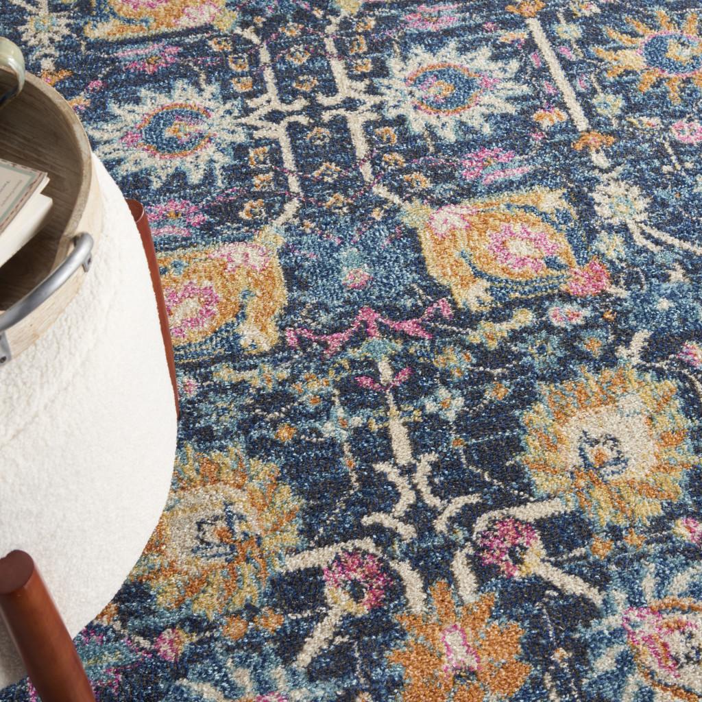 4' Navy Blue Yellow And Pink Floral Round Rug