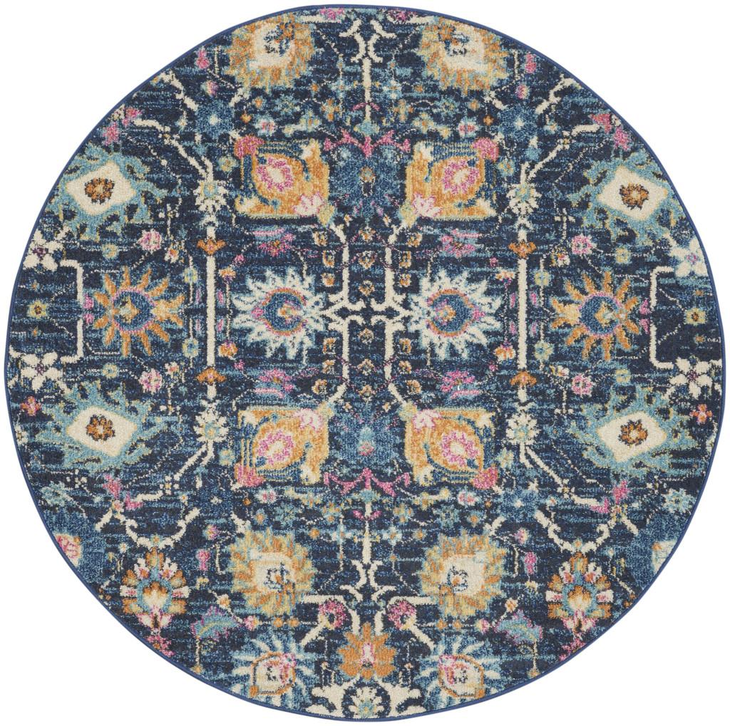 4' Navy Blue Yellow And Pink Floral Round Rug