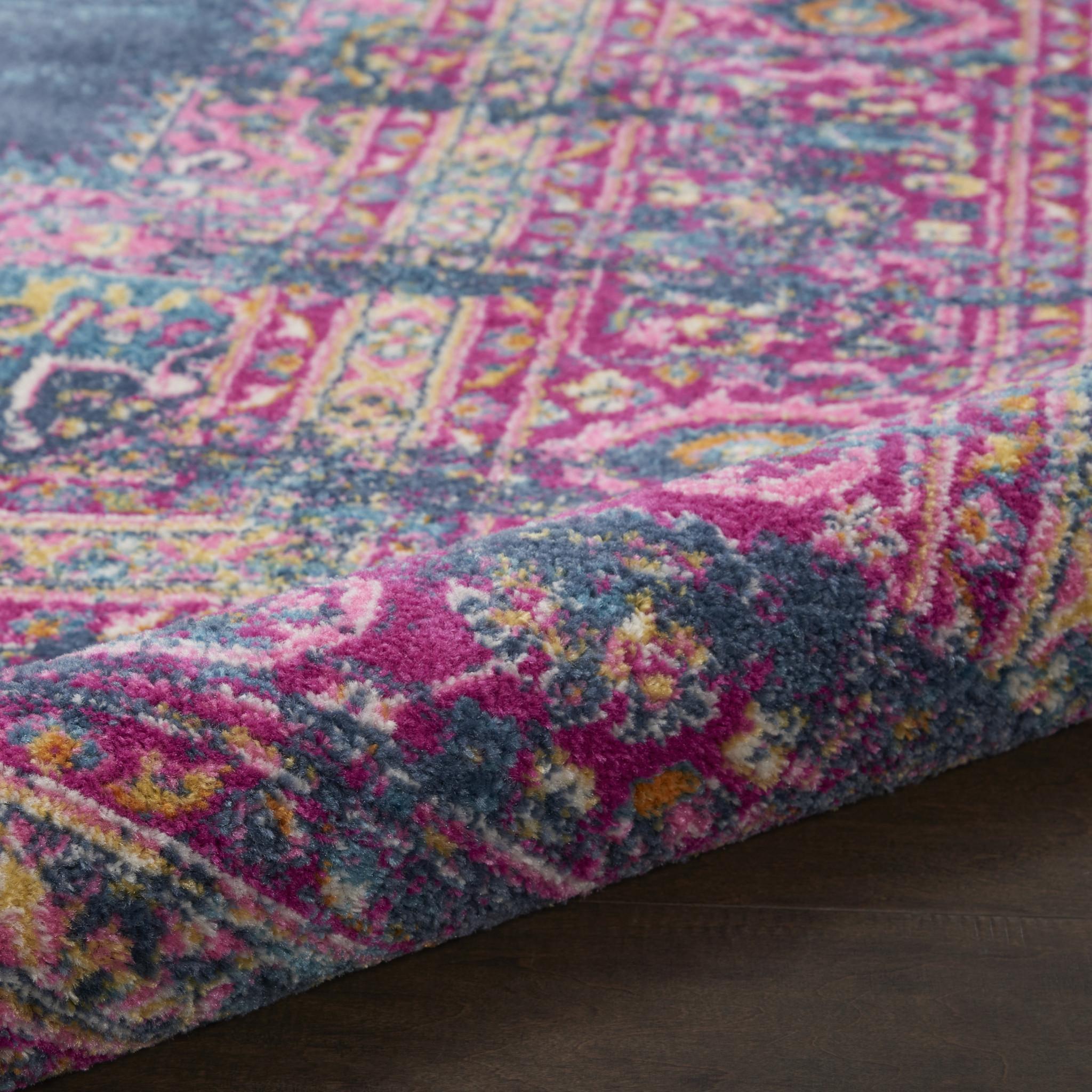 4' Blue And Pink Medallion Distressed Round Rug