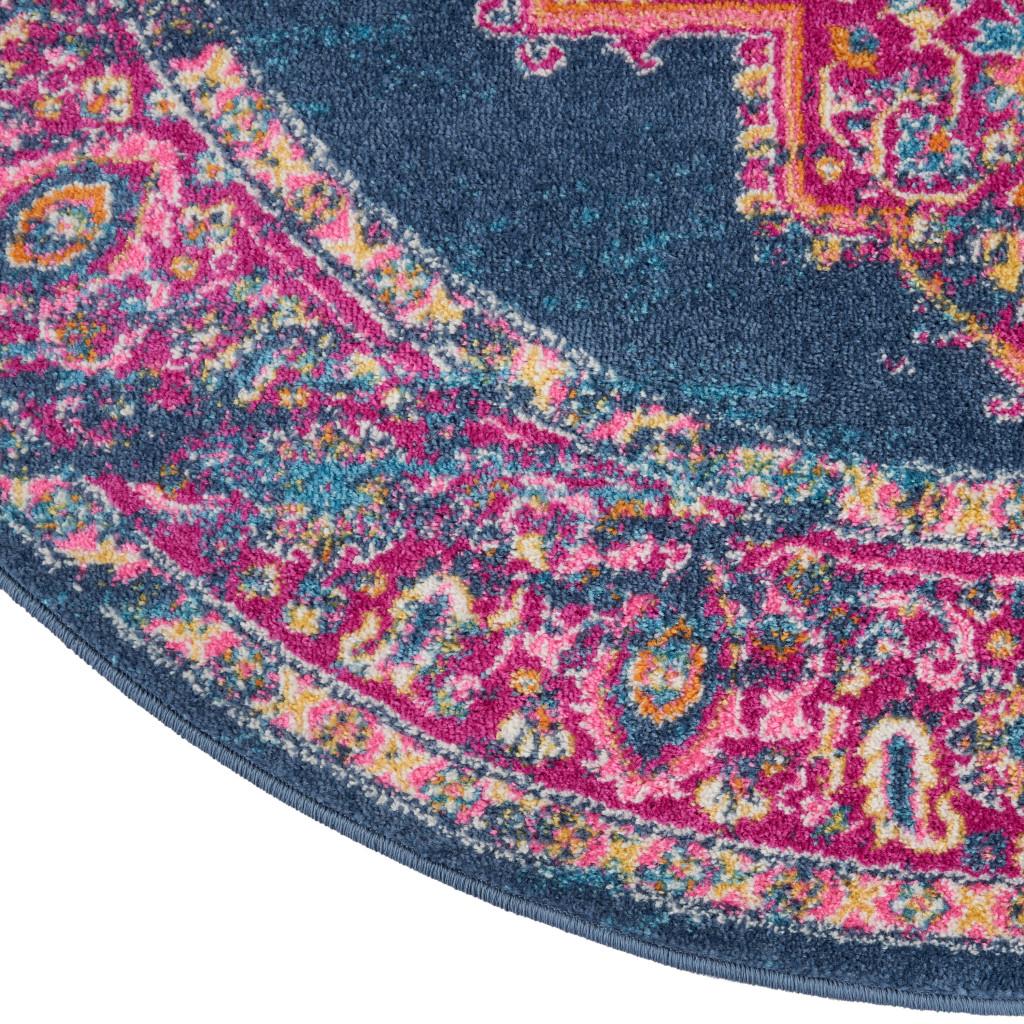 4' Blue And Pink Medallion Distressed Round Rug