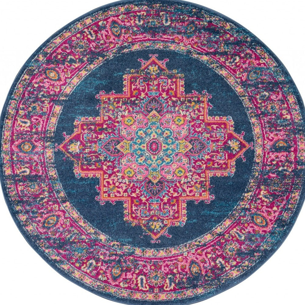 4' Blue Round Power Loom Area Rug