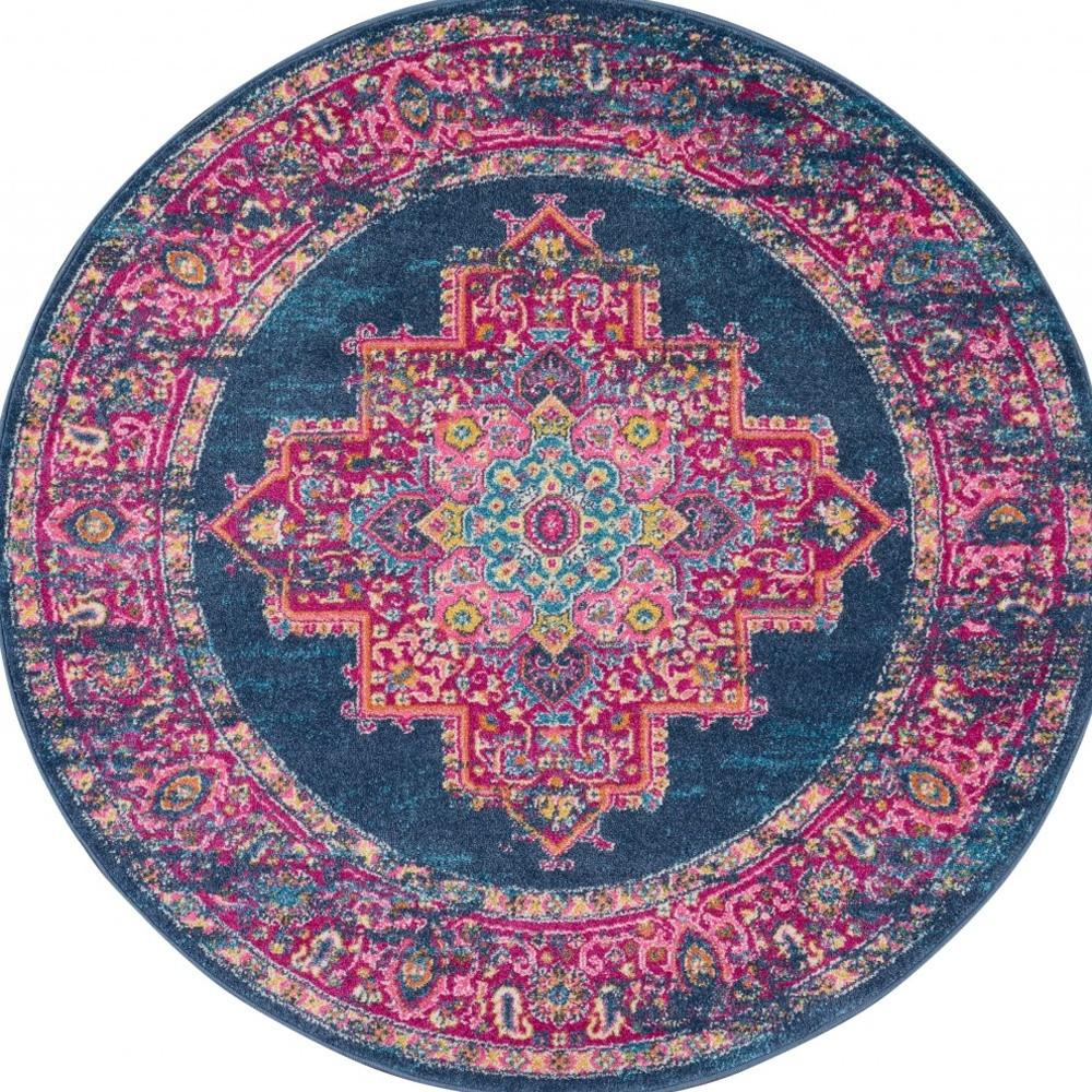 4' Blue And Pink Medallion Distressed Round Rug