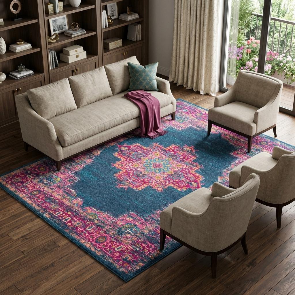 7' X 10' Blue And Pink Medallion Distressed Area Rug